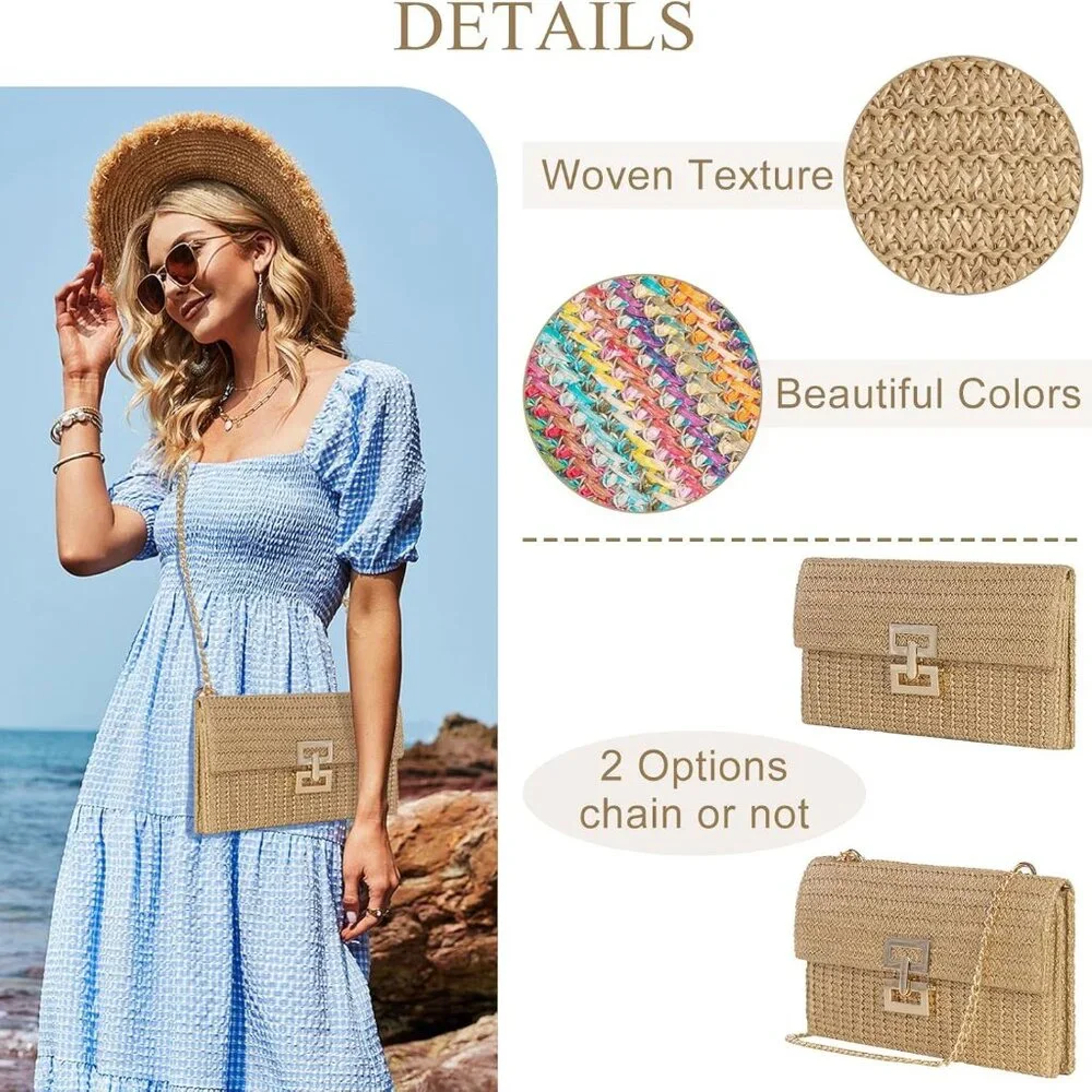 Straw Clutch Purses Women Summer Beach Handbags Boho Woven Envelope Wallet Fold - Picture 2 of 7